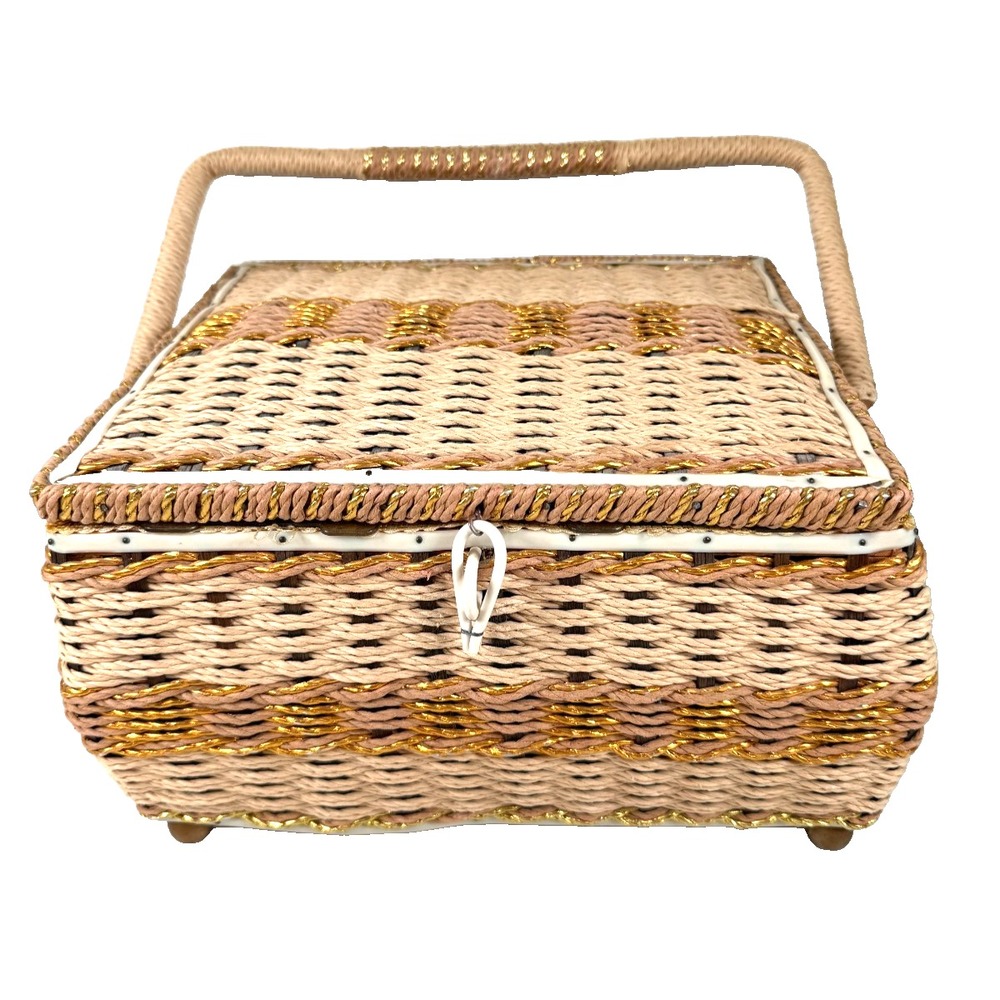 Vintage 1960's Woven Wicker Sewing Basket USB Japan 11.5" x 10" x 6.5" MCM